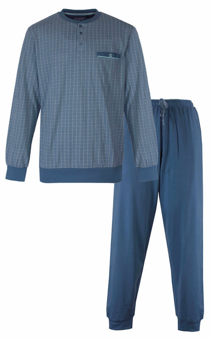 Petrol blauwe heren pyjama set met geprint dessin op shirt en effen lange broek, lange mouwen en ronde hals