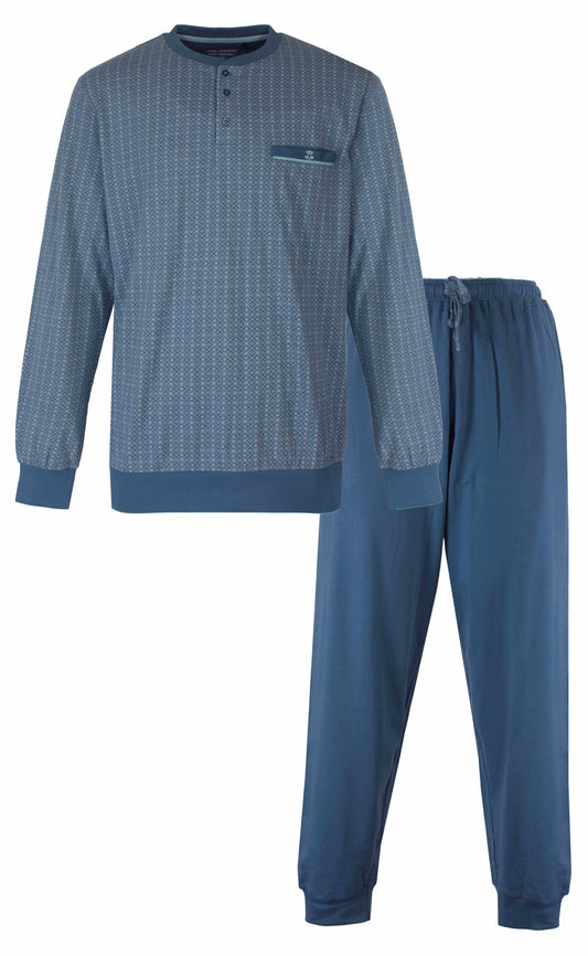 Petrol blauwe heren pyjama set met geprint dessin op shirt en effen lange broek, lange mouwen en ronde hals