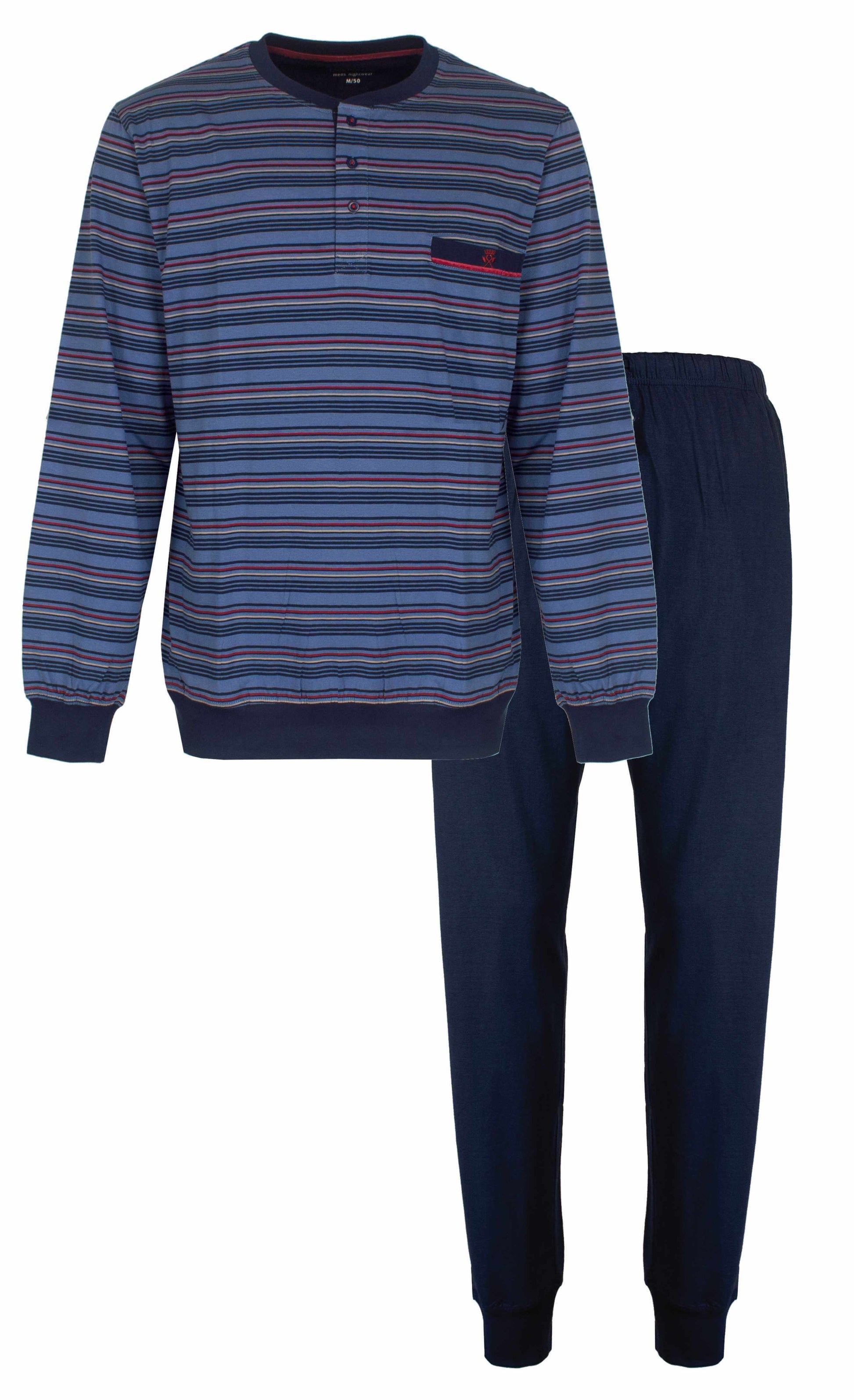 Blauwe gestreepte heren pyjama met polo sluiting, lange mouwen en bijpassende effen blauwe broek