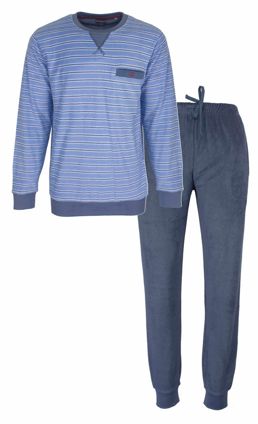 Blauwe gestreepte heren pyjama met lange mouwen en bijpassende effen broek, gemaakt van badstof materiaal