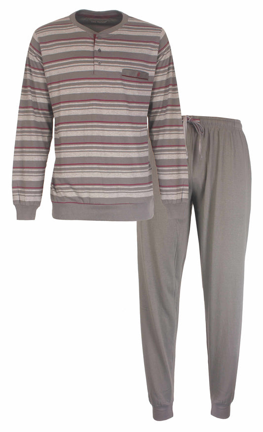 Grijze heren pyjama set met gestreept shirt en effen broek, gemaakt van katoen