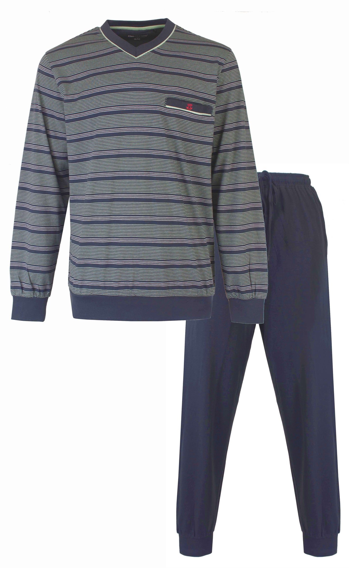 Gestreepte heren pyjama set met lange mouwen en broek in groen en blauw tinten, gemaakt van katoen
