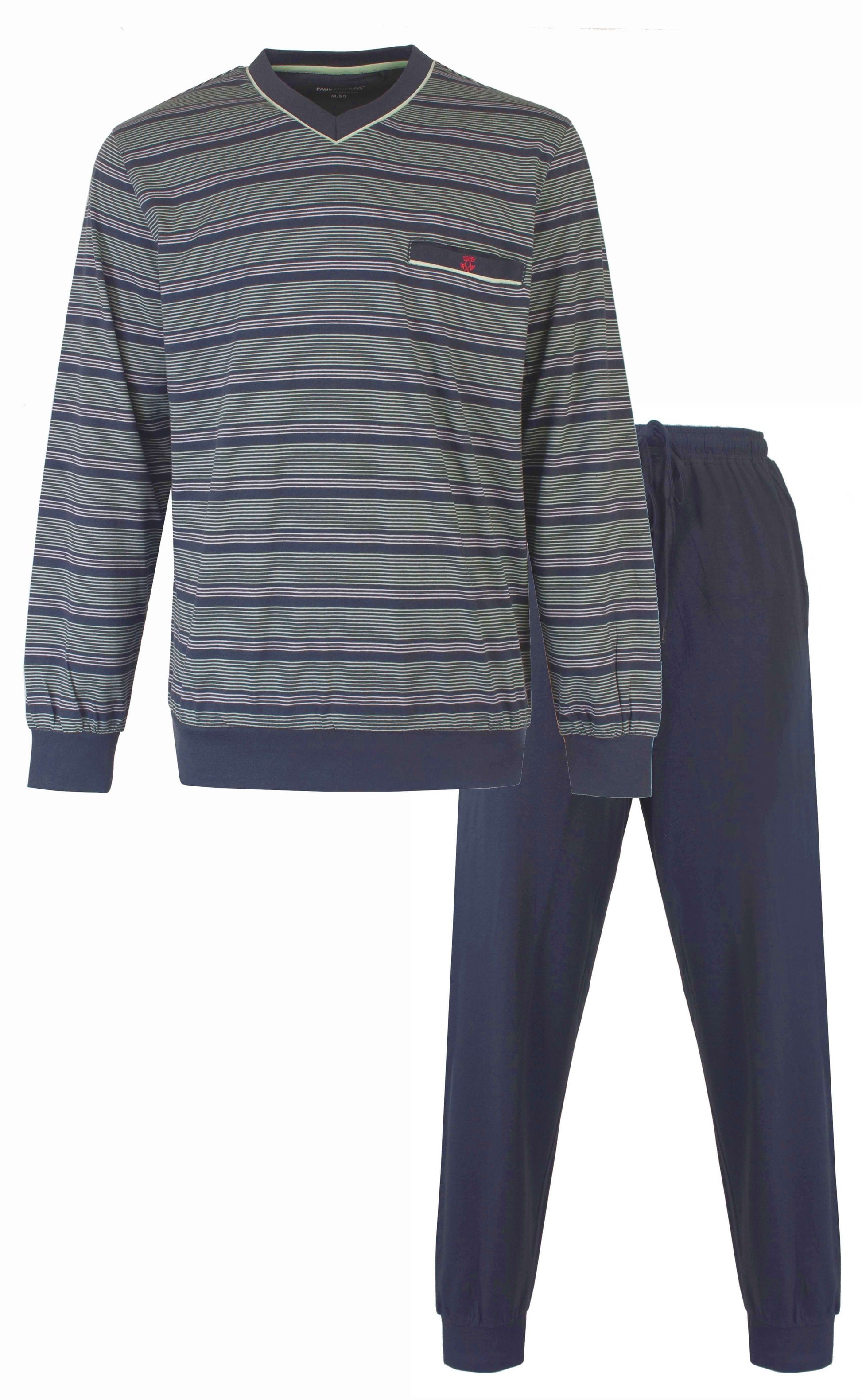 Gestreepte heren pyjama set met lange mouwen en broek in groen en blauw tinten, gemaakt van katoen