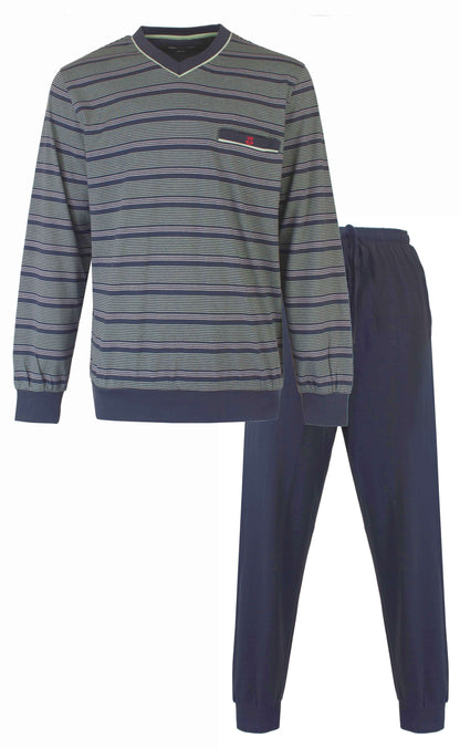 Gestreepte heren pyjama set met lange mouwen en broek in groen en blauw tinten, gemaakt van katoen
