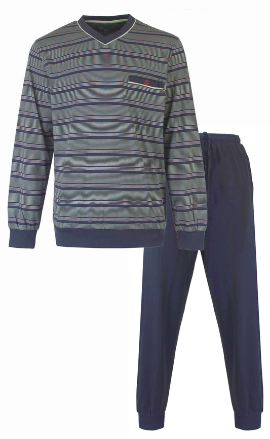 Gestreepte heren pyjama set met lange mouwen en broek in groen en blauw tinten, gemaakt van katoen
