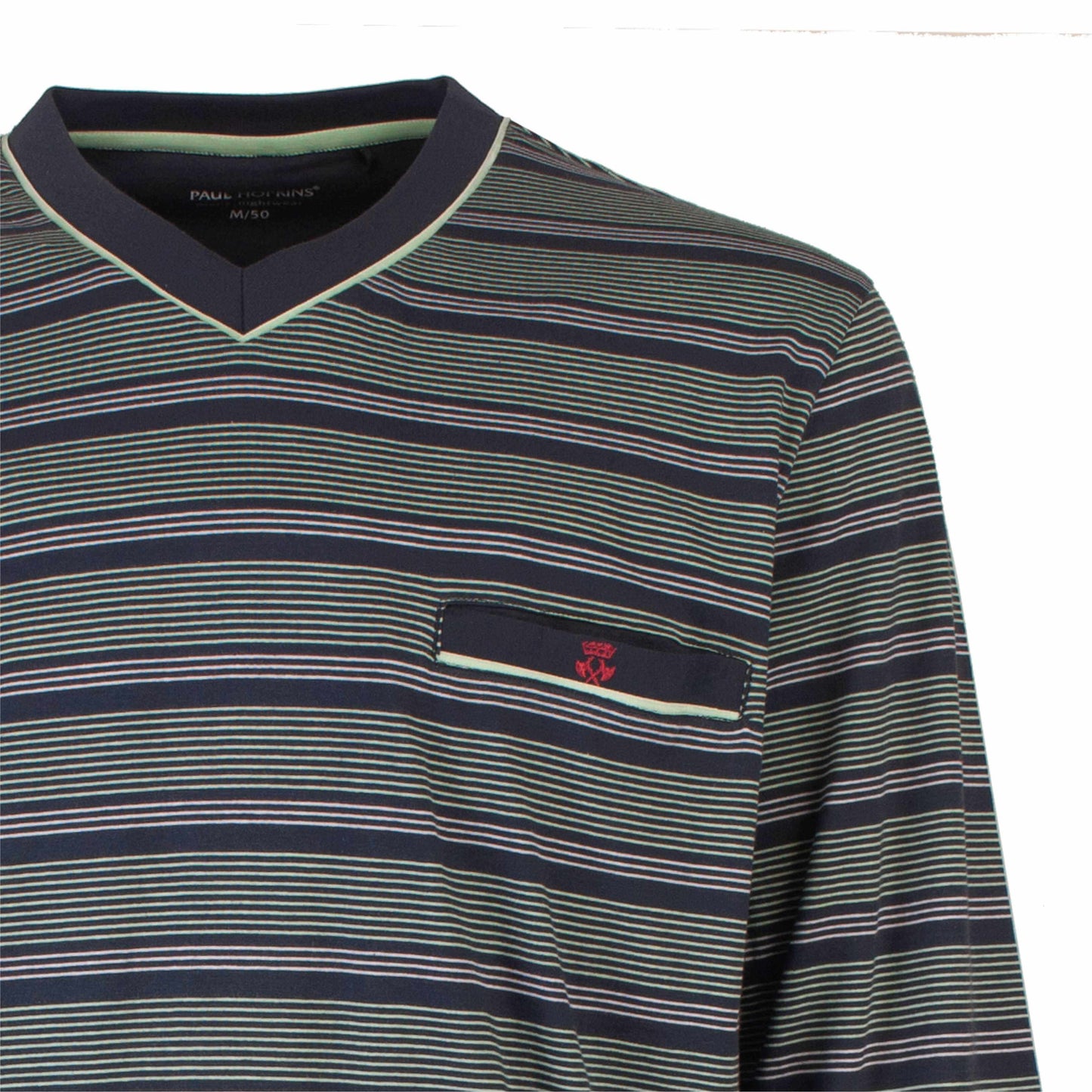 Gestreepte pyjama top met V-hals in groen en blauw tinten, met borstzakje en Paul Hopkins logo
