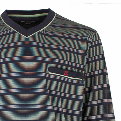 Gestreepte pyjama top met V-hals in groen en blauw tinten, met borstzakje en Paul Hopkins logo