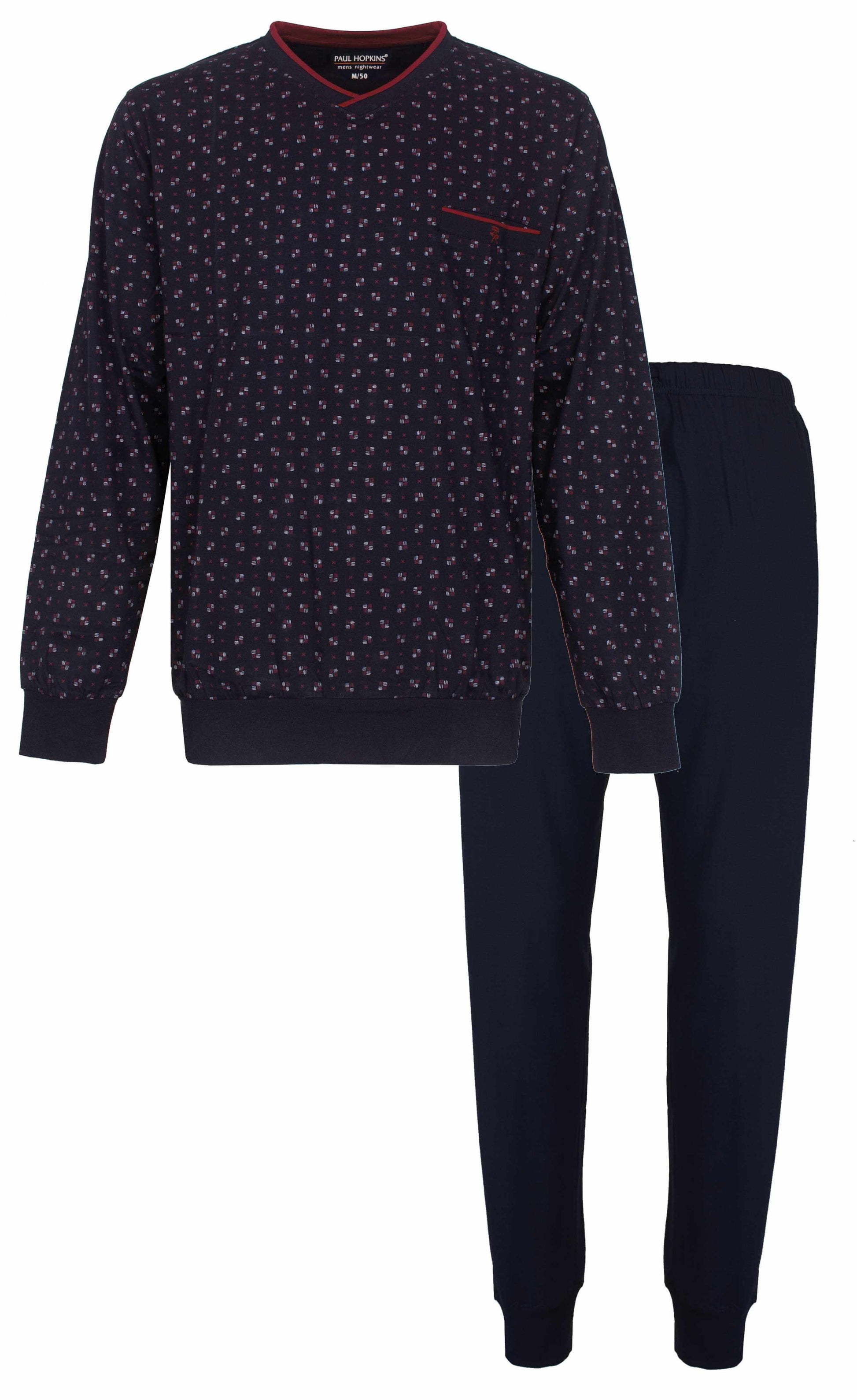 Donkerblauwe pyjama set met V-hals trui bedrukt met kleine stippen en effen lange broek