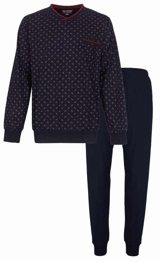 Donkerblauwe pyjama set met V-hals trui bedrukt met kleine stippen en effen lange broek