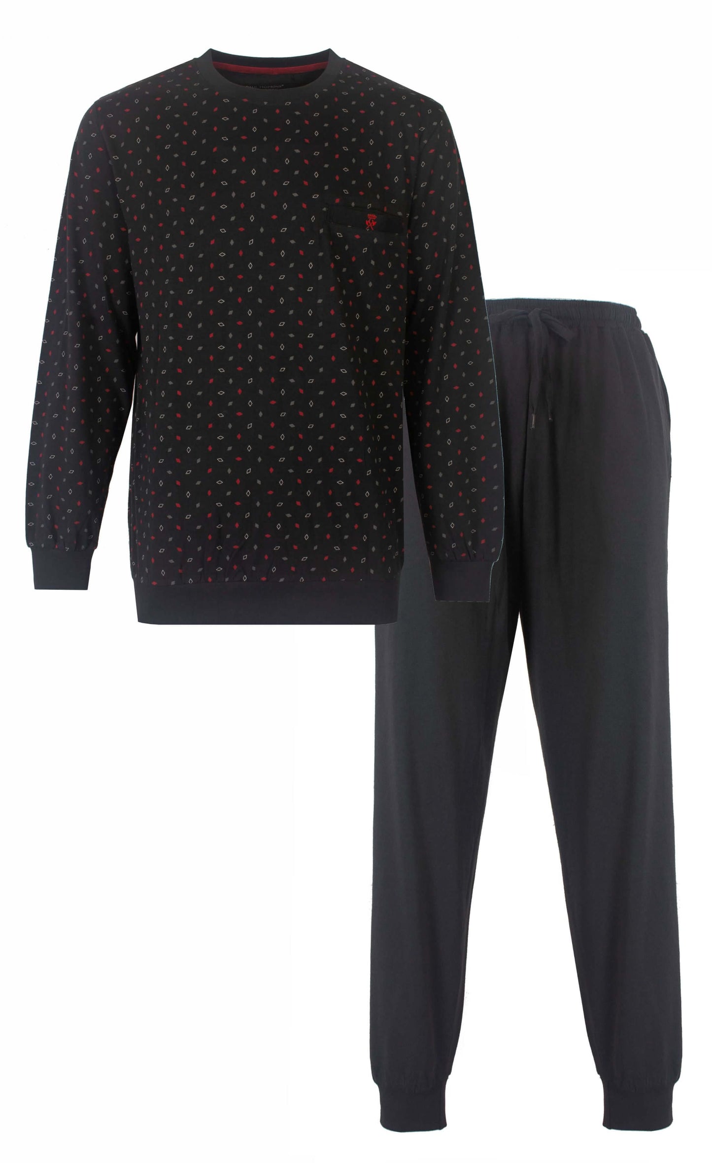 Donkergrijze herenpyjama met lange mouwen en broek. Trui heeft een wybertjes-rood en grijs patroon.