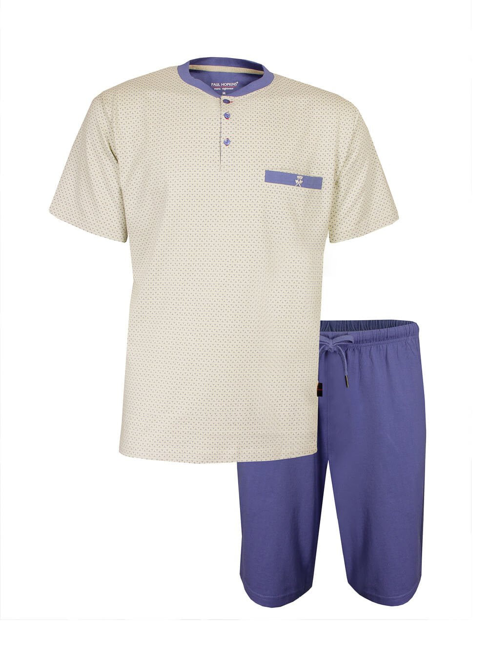 Beige heren shortama met blauwe accenten, polokraag en korte mouwen. Bijpassende blauwe korte broek.