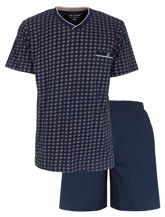 Blauwe heren shortama set met geprint dessin op het shirt en effen korte broek van Paul Hopkins