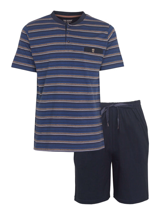 Blauw gestreepte shortama met korte mouT-shirt en effen blauwe shorts met trekkoord van Paul Hopkins