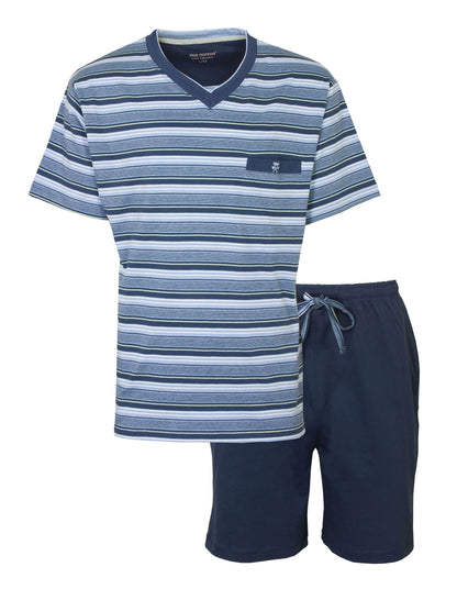 Blauw gestreept T-shirt met V-hals en korte marineblauwe broek, gemaakt van 100van Paul Hopkins merk in katoen.