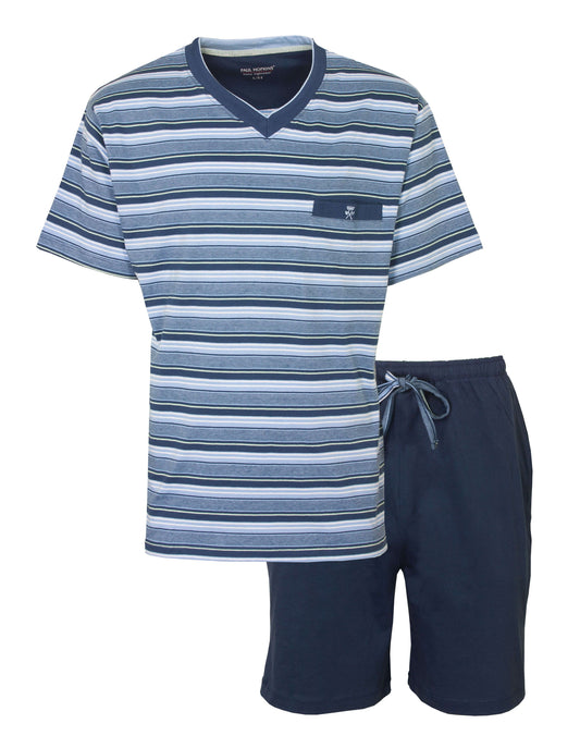 Blauw gestreept T-shirt met V-hals en korte marineblauwe broek, gemaakt van 100van Paul Hopkins merk in katoen.