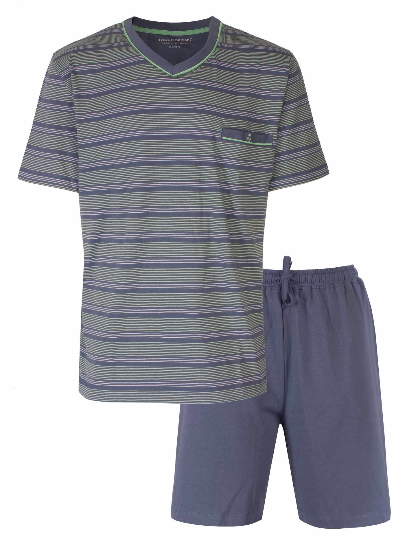 Blauw gestreepte heren shortama met V-hals T-shirt en effen blauwe shorts, gemaakt van 100% katoen