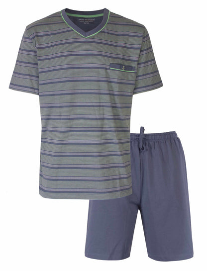 Blauw gestreepte heren shortama met V-hals T-shirt en effen blauwe shorts, gemaakt van 100% katoen