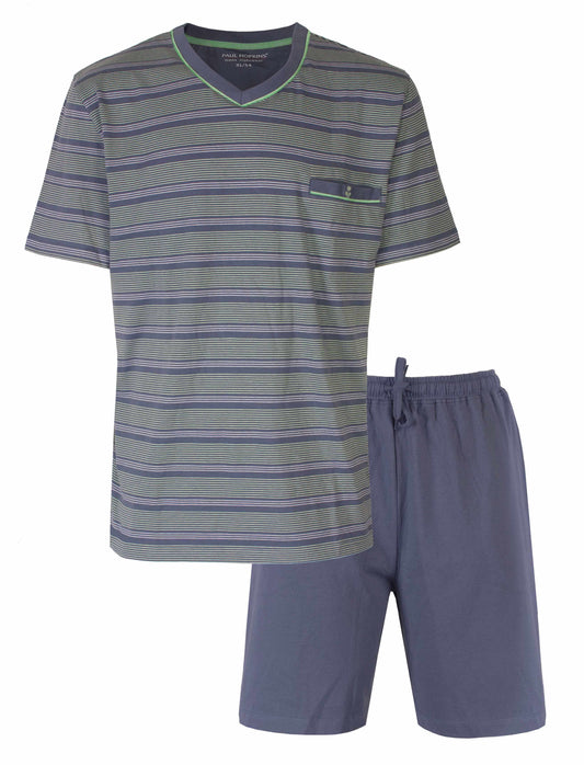 Blauw gestreepte heren shortama met V-hals T-shirt en effen blauwe shorts, gemaakt van 100% katoen