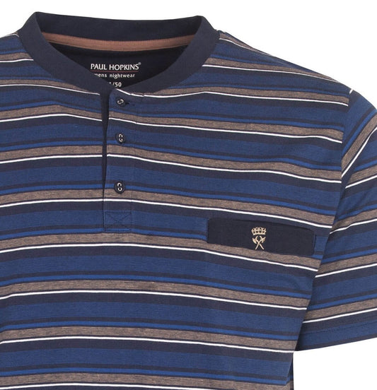 Blauw gestreept Paul Hopkins heren shortama shirt met knopen en merklabel, gemaakt van katoen voor nachtkleding.