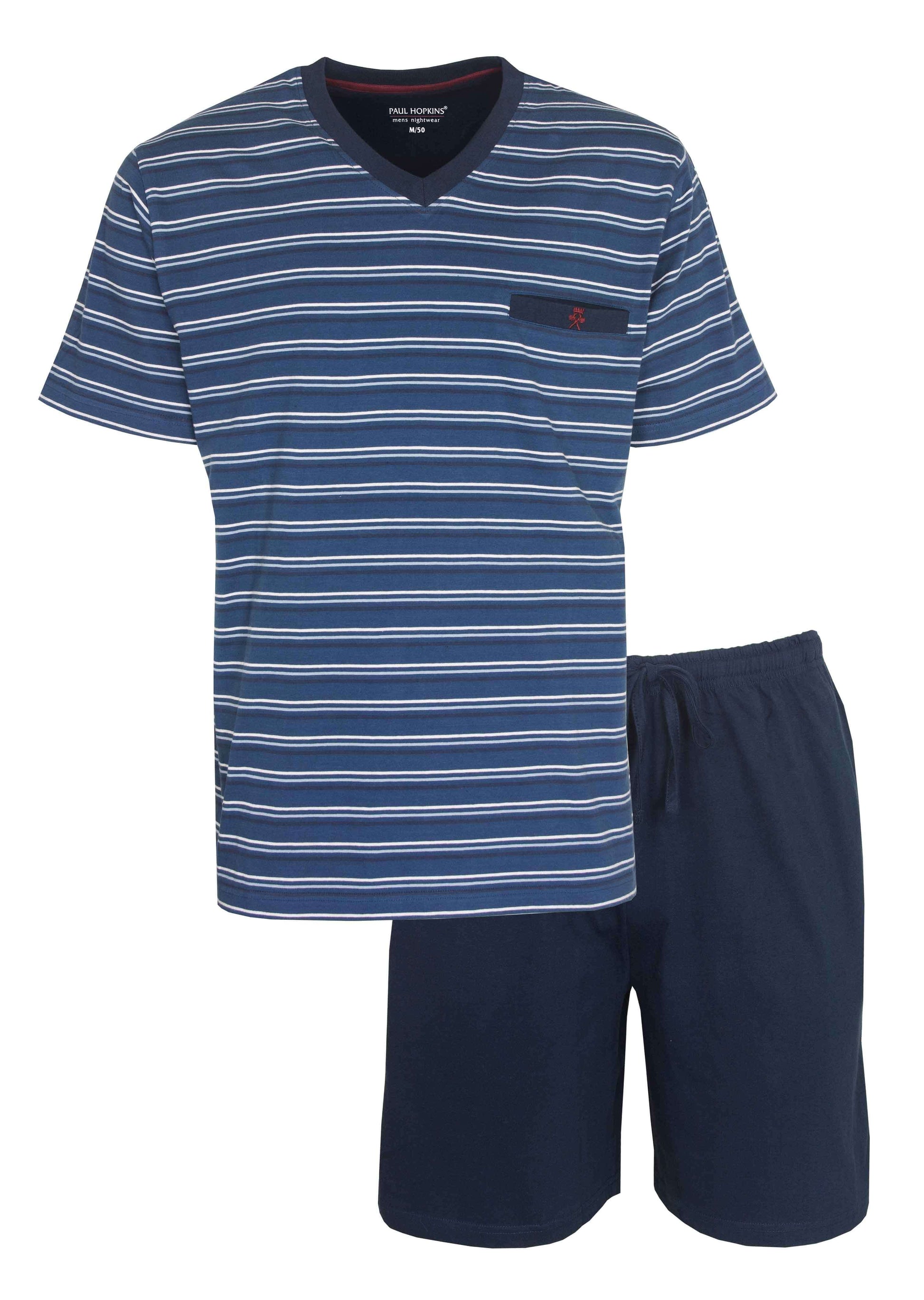Blauw gestreepte heren pyjama set met V-hals T-shirt en effen korte broek van Paul Hopkins