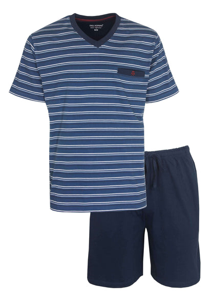 Blauw gestreepte heren pyjama set met V-hals T-shirt en effen korte broek van Paul Hopkins
