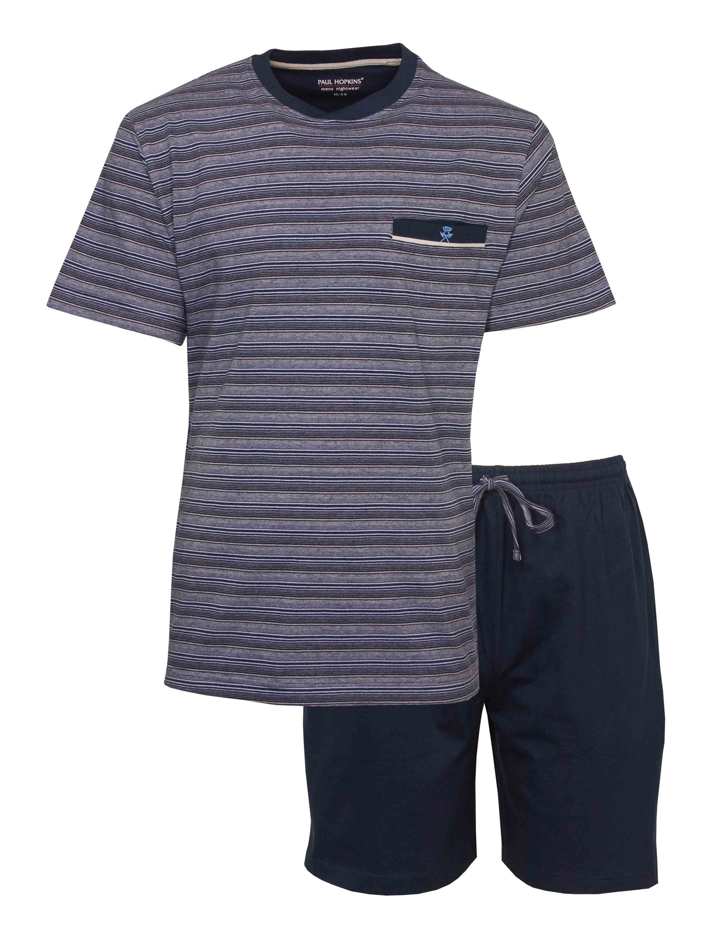 Blauwe gestreepte heren shortama set met T-shirt en korte broek, gemaakt van katoen door Paul Hopkins