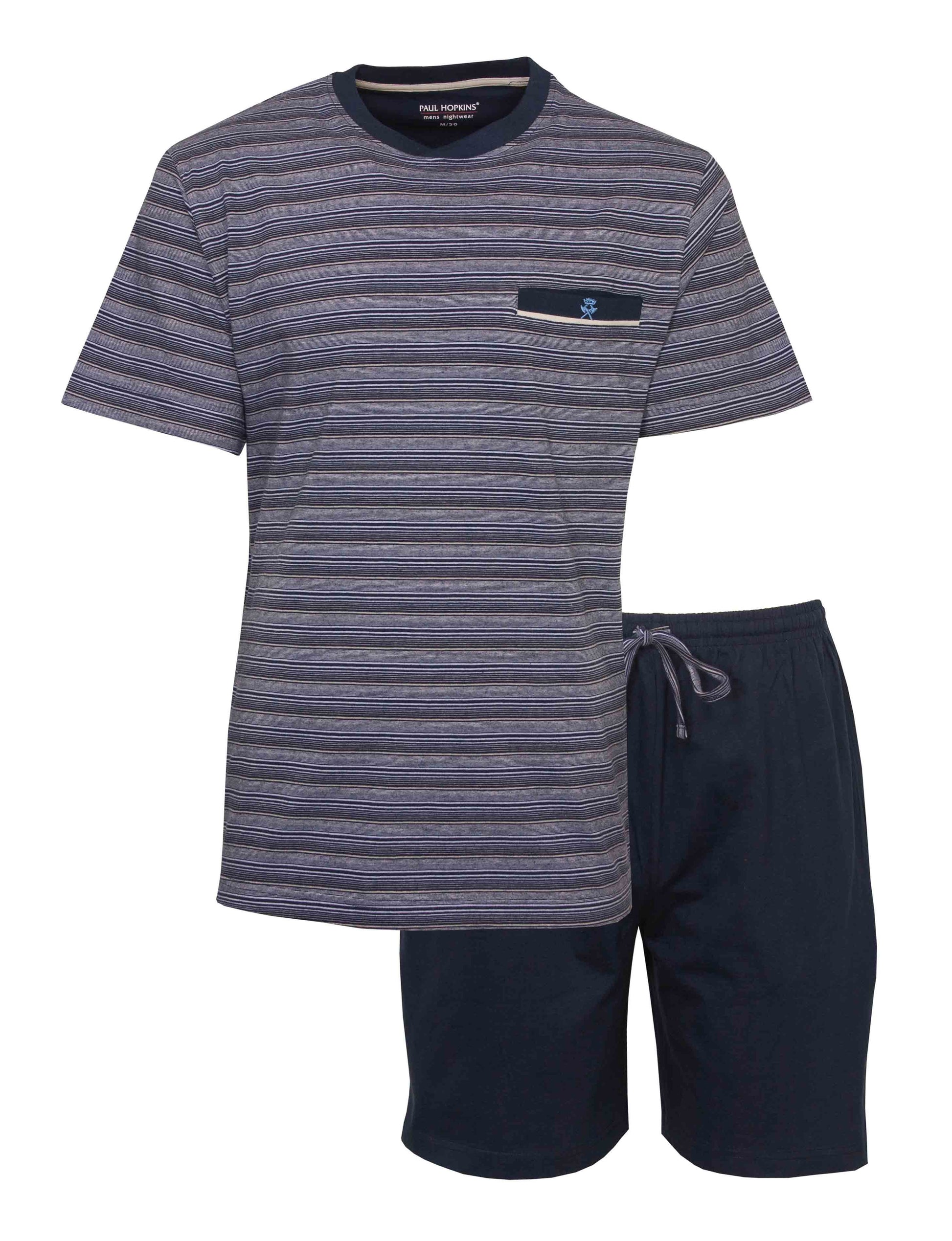 Blauwe gestreepte heren shortama set met T-shirt en korte broek, gemaakt van katoen door Paul Hopkins