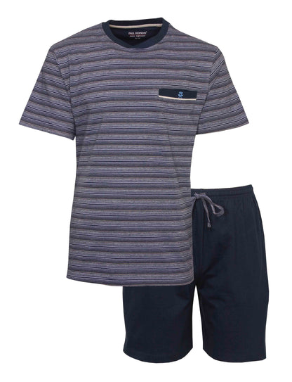 Blauwe gestreepte heren shortama set met T-shirt en korte broek, gemaakt van katoen door Paul Hopkins