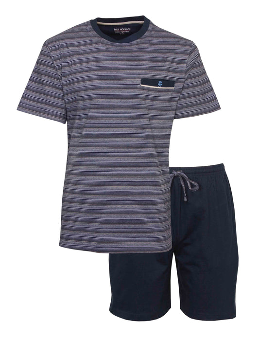 Blauwe gestreepte heren shortama set met T-shirt en korte broek, gemaakt van katoen door Paul Hopkins