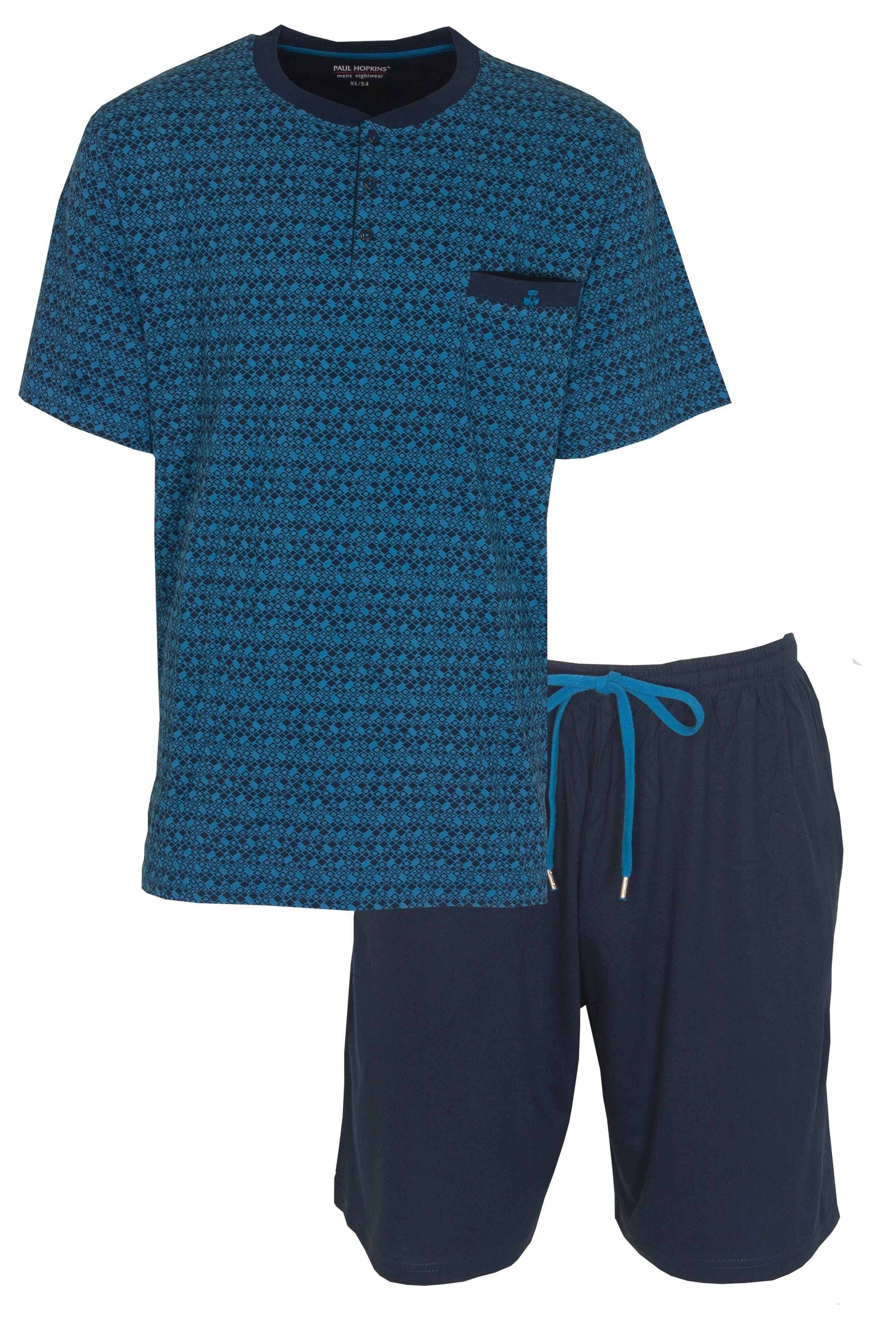 Blauwe heren shortama set met geometrisch patroon op shirt en effen donkerblauwe shorts met trekkoord