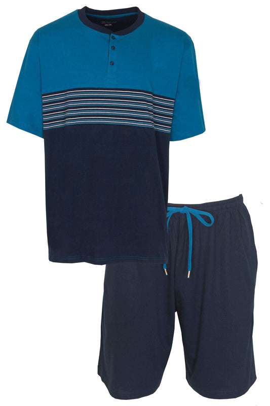 Blauwe heren shortama set met gestreept shirt en effen shorts, gemaakt van 100% katoen