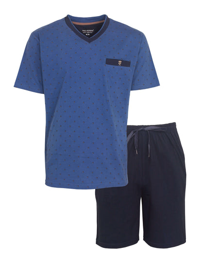 Blauwe heren shortama set met gestippeld T-shirt en effen donkerblauwe shorts, gemaakt van 100% katoen