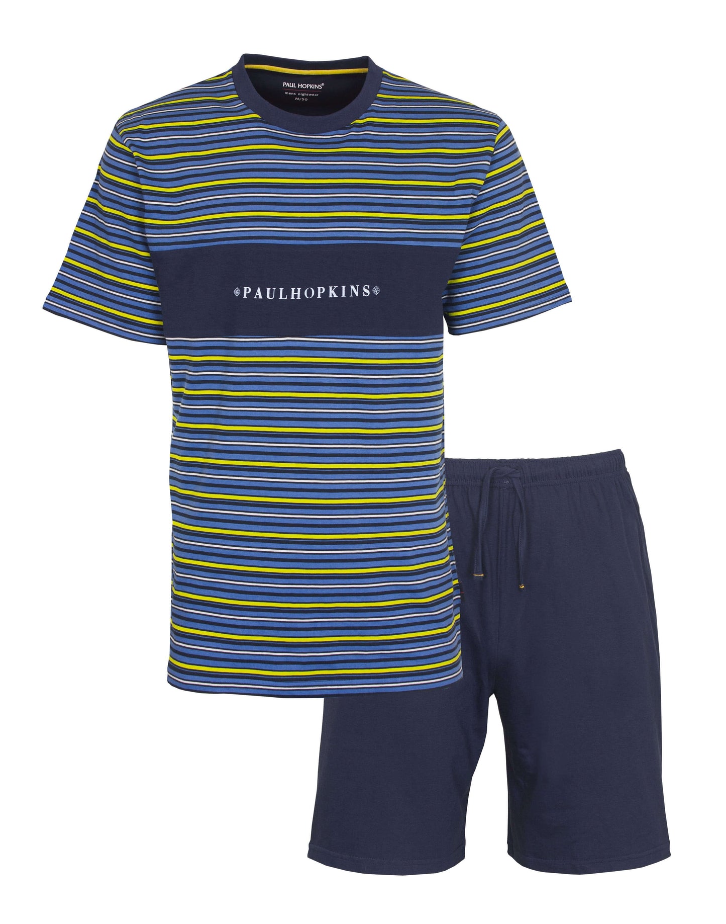 Blauwe gestreepte heren shortama set van Paul Hopkins, bestaande uit een T-shirt en shorts van 100% katoen