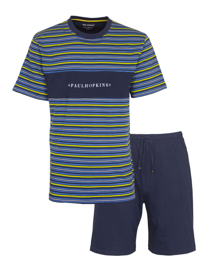 Blauwe gestreepte heren shortama set van Paul Hopkins, bestaande uit een T-shirt en shorts van 100% katoen