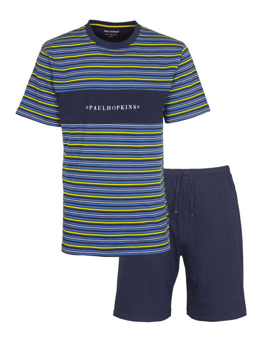 Blauwe gestreepte heren shortama set van Paul Hopkins, bestaande uit een T-shirt en shorts van 100% katoen