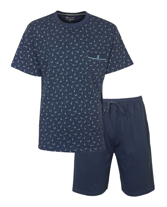Blauwe heren shortama met T-shirt bedrukt met kleine figuurtjes en effen korte broek, beide van katoen