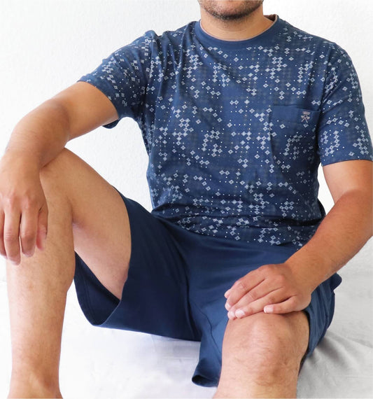 Blauw heren shortama met geometrisch patroon, korte mouwen en korte broek, gemaakt van jersey katoen