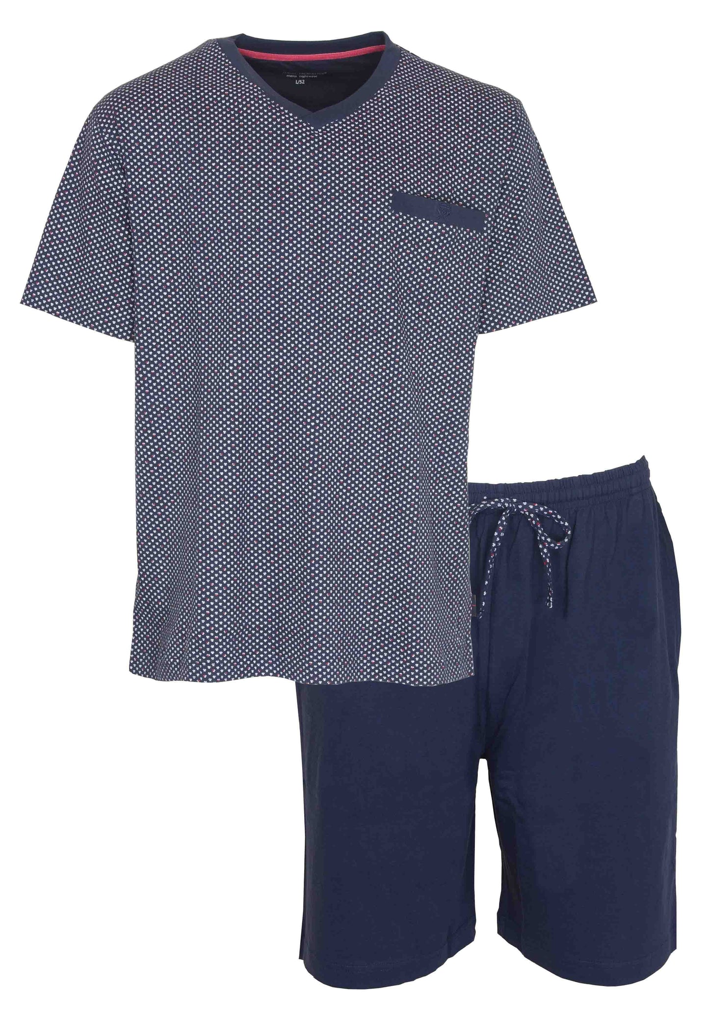 Blauwe heren shortama set met gestippeld T-shirt en effen korte broek, gemaakt van 100% katoen