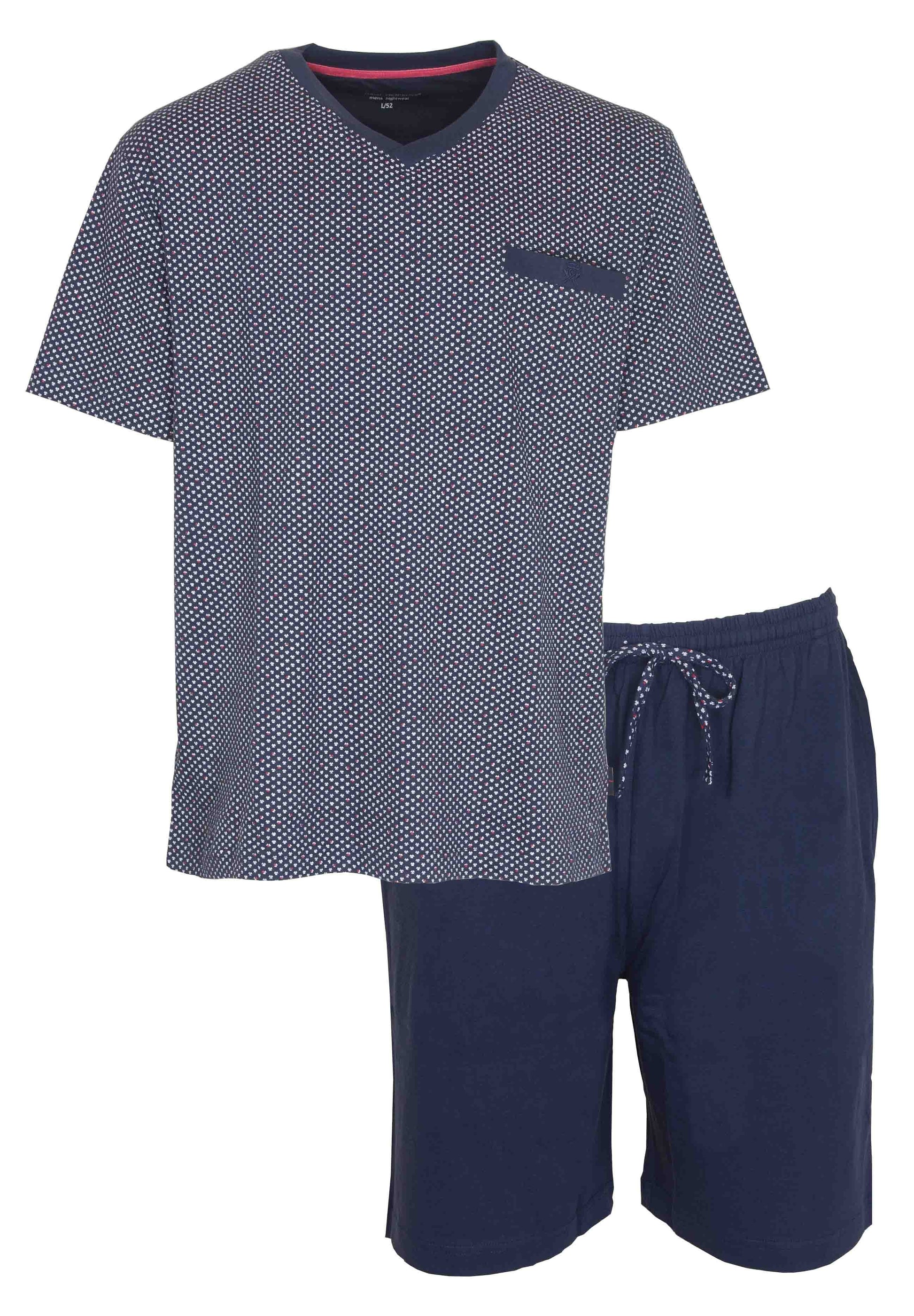 Blauwe heren shortama set met gestippeld T-shirt en effen korte broek, gemaakt van 100% katoen