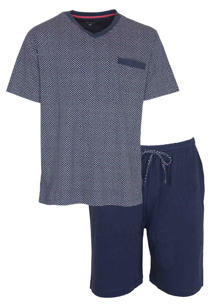 Blauwe heren shortama set met gestippeld T-shirt en effen korte broek, gemaakt van 100% katoen