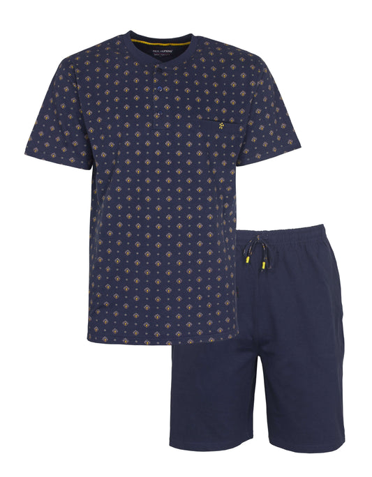 Blauwe heren shortama met subtiel patroon op het shirt en effen korte broek, beide in donkerblauw katoen.