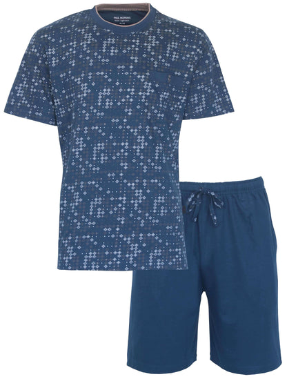 Blauwe heren pyjama set met geometrisch patroon op shirt en effen korte broek met aantrekkoord