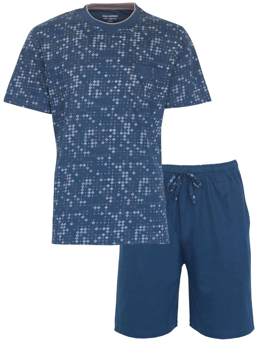 Blauwe heren pyjama set met geometrisch patroon op shirt en effen korte broek met aantrekkoord