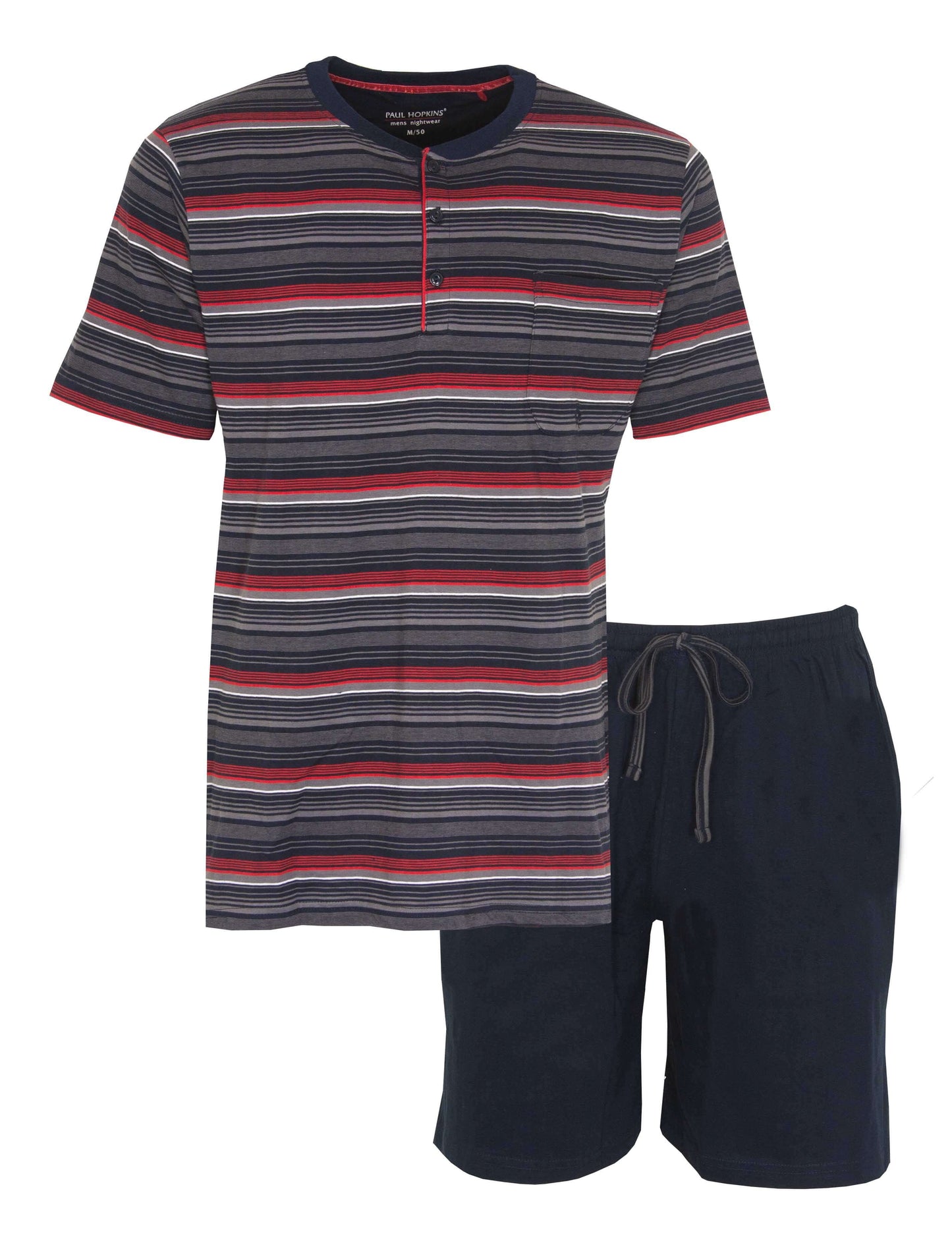 Gestreepte heren shortama set met blauw/rood T-shirt en donkerblauwe shorts van Paul Hopkins