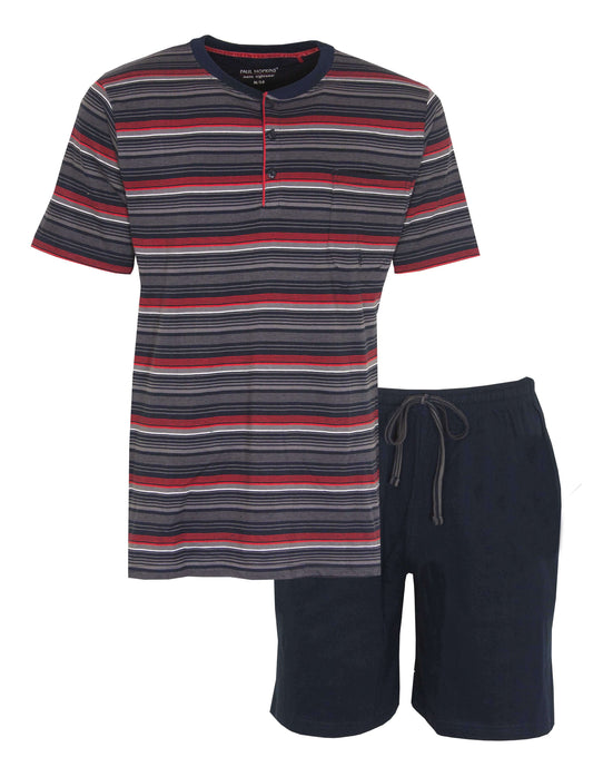 Gestreepte heren shortama set met blauw/rood T-shirt en donkerblauwe shorts van Paul Hopkins