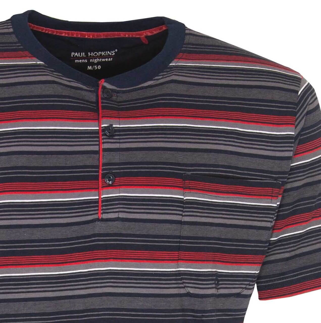 Gestreepte Paul Hopkins heren shortama in blauw en rood, met knoopsluiting en korte mouwen.