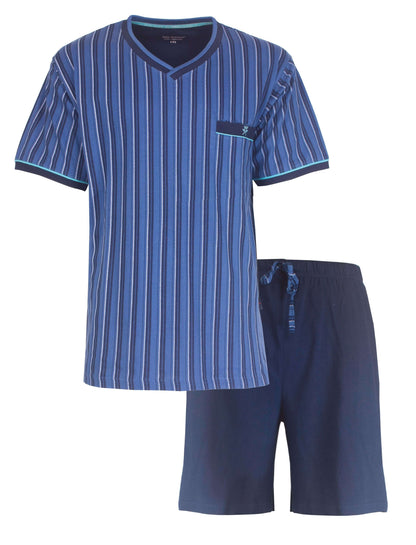 Blauwe gestreepte heren pyjama set met korte broek. T-shirt heeft verticale strepen en V-hals.