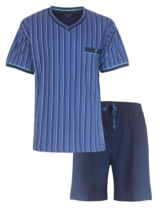 Blauwe gestreepte heren pyjama set met korte broek. T-shirt heeft verticale strepen en V-hals.