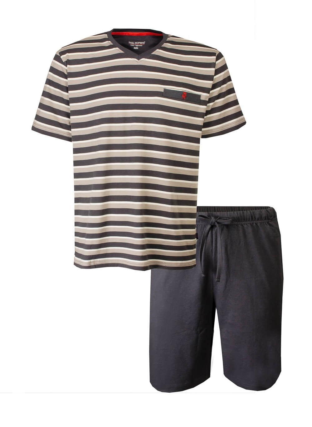 Gestreepte heren shortama set met bruin-beige T-shirt en donkere shorts, Paul Hopkins merk