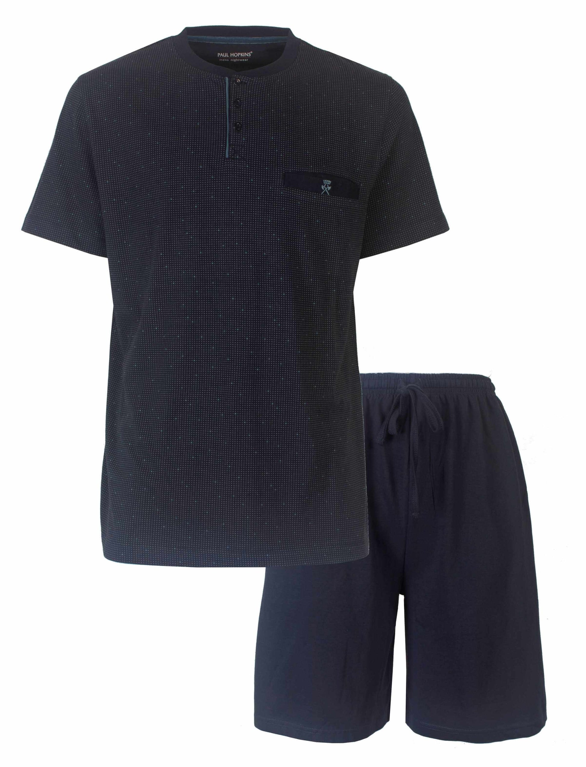 Donkerblauwe heren shortama set met geprint dessin, ronde hals en sluiting, en korte broek van Paul Hopkins.